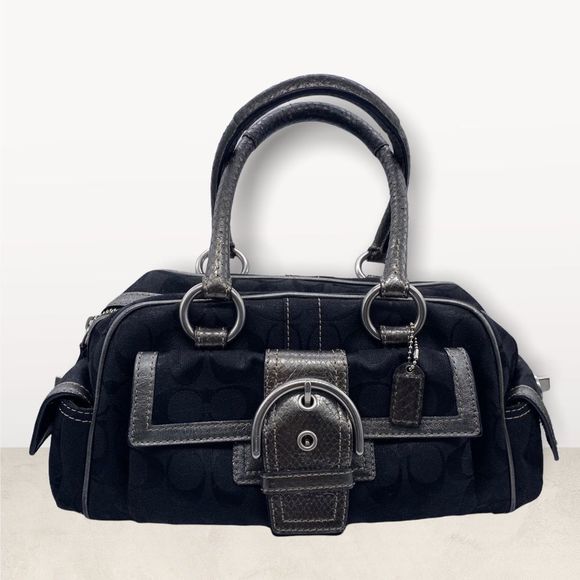 Coach Handbags - Coach Black Signature Canvas Leather Silver Snakeskin Soho Satchel Classic